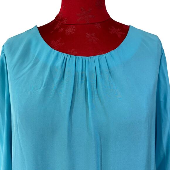Talbots silk popover top 3/4 sleeve aqua blue scoop neck prairie style 14P NEW - Picture 2 of 7